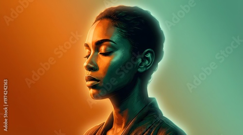 Beautiful woman with eyes closed in orange and green light. Mindfulness and mental health. Calm person meditating with vibrant artistic aura and gradient background