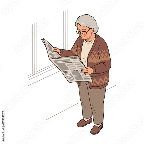 An elderly woman reading a newspaper by a window indoors.