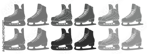 Ice hockey skates vector set, professional winter sports equipment icons, 12 isolated gray and black ice skate silhouettes for athletic design