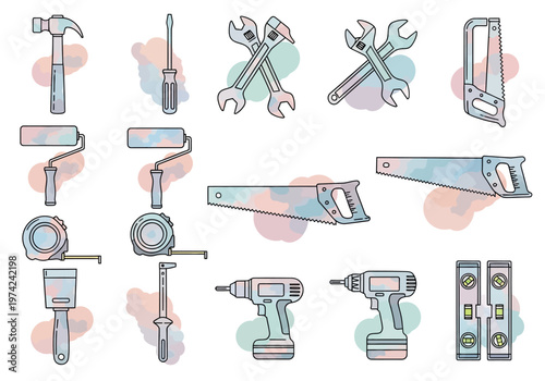 Vector DIY Hand Tool Icons with Watercolor Splash Accents - Home Repair and Construction Set