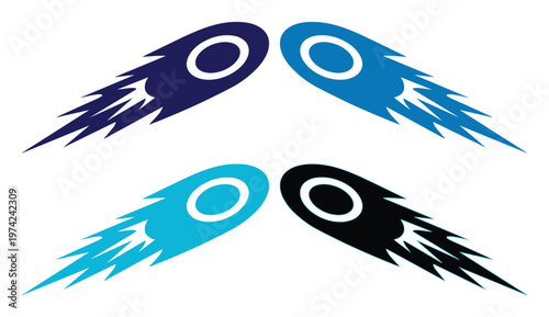 Stylized comet logo icons set, dynamic falling meteor vector graphics, blue and black celestial fireball symbols for sports and gaming branding
