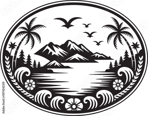Tropical island scene with palm trees, mountains, and birds flying over water for landscape and oval