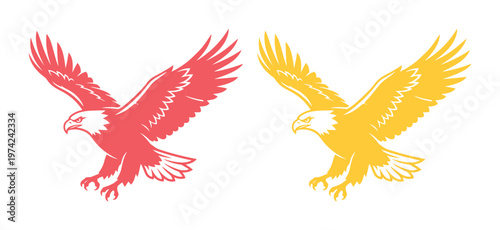 Majestic bald eagle vector illustration set, red and yellow flying eagle silhouettes, powerful bird of prey icons for sports team logos and branding