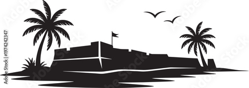 Tropical island with castle silhouette and palm trees under flying birds for fortress and ocean