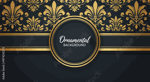 Luxury Gold Ornamental Background with Fleur-de-lis Damask Pattern on Dark Navy Blue