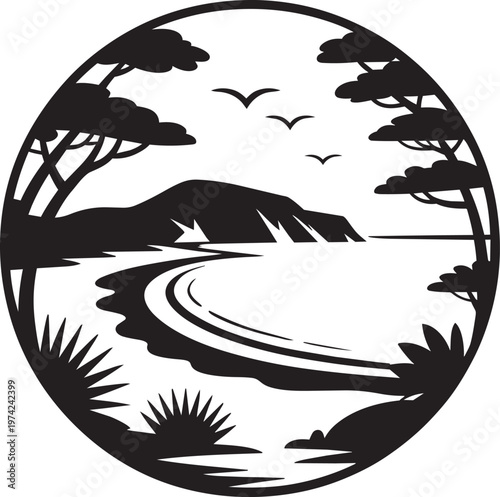 Circular coastal landscape with trees, mountains, birds, and water in outline style