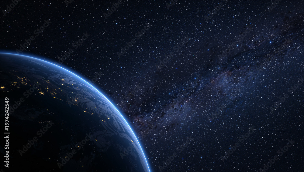 Fototapeta premium 地球の都市光が印象的に輝く宇宙背景素材