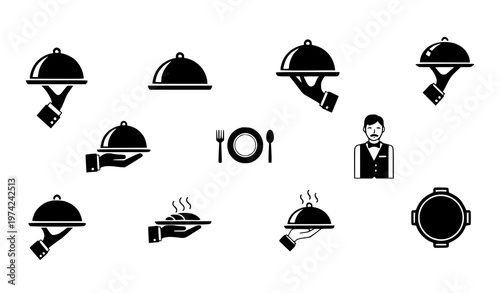 Restaurant Service Icon Set with Waiter Tray, Food Serving, Butler, and Dining Symbols for Hospitality, Catering, Hotel, and Food Service Design