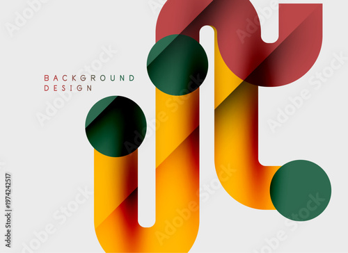 Abstract shapes overlap, creating vibrant color gradients. Design features circles, rectangles, curves. Modern aesthetic, simple composition.