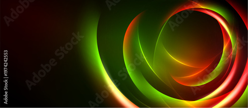 Abstract swirls, vibrant colors blend. Red, green, orange hues create dynamic energy, flowing forms. Dark background emphasizes luminosity.