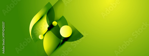 Abstract green design. Shapes suggest leaves, growth, energy. Bright colors create dynamic visual impact. Simple, modern aesthetic.