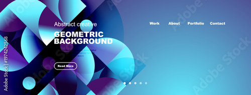 Bright abstract geometric background. Blue, cyan hues dominate design. Website header includes navigation options, button. Modern aesthetic.