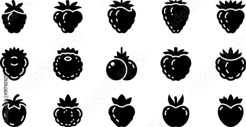 Black silhouettes of various strawberries and raspberries on white background