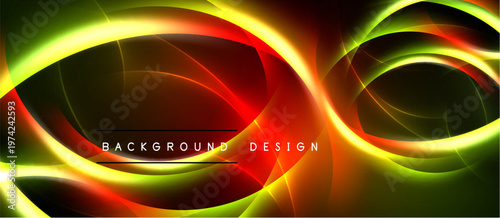 Vibrant abstract design features flowing curves, red, yellow, green hues. Dark background emphasizes luminous shapes, creating dynamic visual effect.