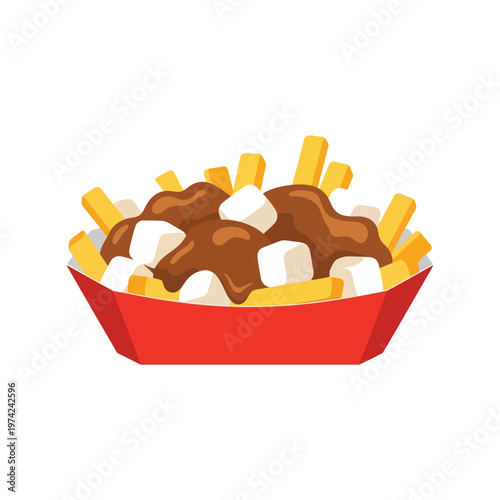 Poutine vector illustration of French fries with gravy and cheese curds in red container on white background