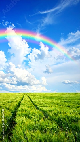 Vibrant rainbow arcing over lush green field under blue sky
