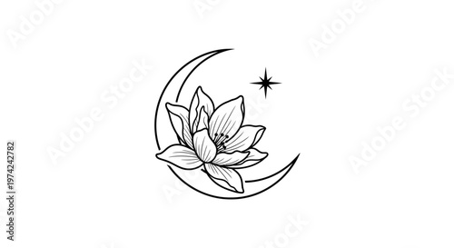 Elegant lotus flower and crescent moon with star symbol