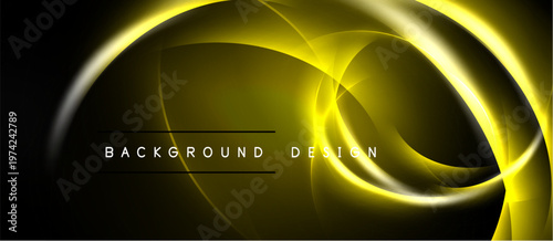 Abstract golden lines form swirling shapes over black background. Text reads background design. Dynamic, modern visual presentation.