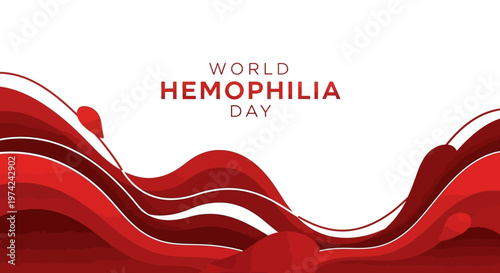 An overhead vector illustration promoting World Hemophilia Day with flowing red ribbons against a clean white backdrop, creating a sense of global health campaign and medical awareness