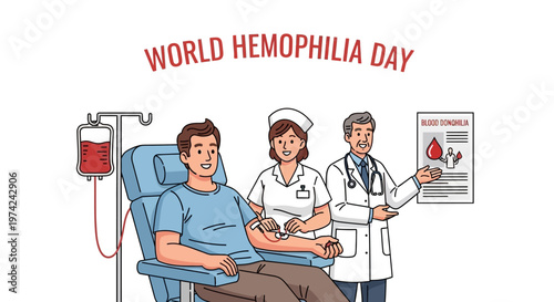 Vector illustration depicting a patient receiving treatment for hemophilia on World Hemophilia Day, with a doctor and nurse in attendance, set against a clean white background with a focus