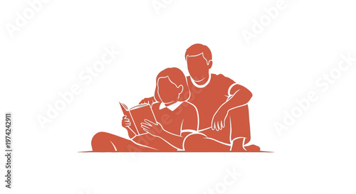 Father and daughter reading book together flat illustration