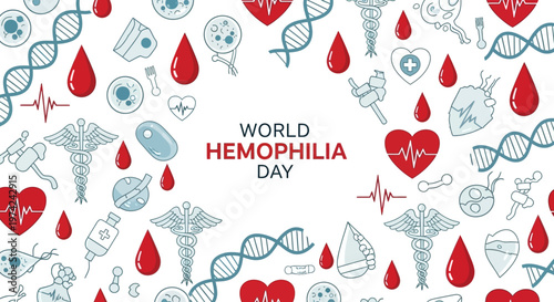 Illustrated vector graphic for World Hemophilia Day featuring red drops and medical symbols scattered across a white background, designed as a healthcare awareness campaign for this genetic