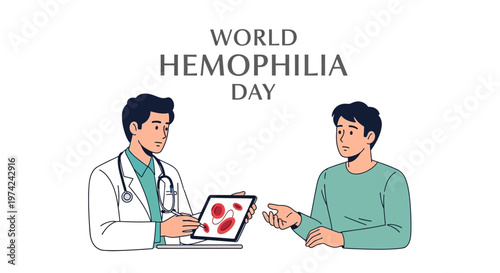 Against a clean white background, a doctor shows a concerned patient a tablet displaying a blood disorder illustration for World Hemophilia Day in a medical awareness vector