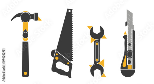 Flat design construction tools set hammer saw wrench utility knife