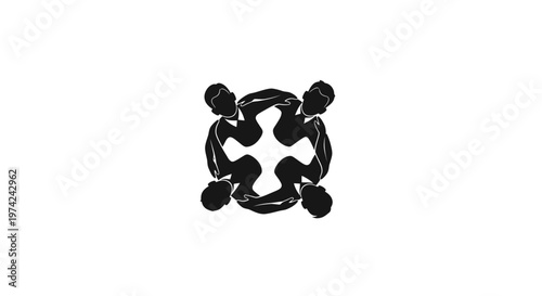 Four stylized figures connecting in a circular teamwork symbol