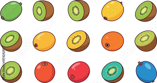 Colorful cartoon fruits kiwi orange lemon plum