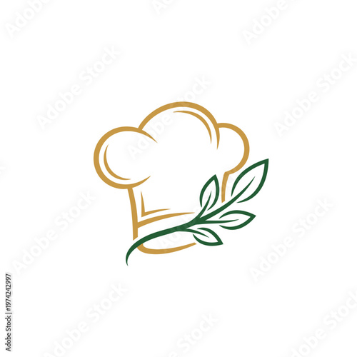 Golden chef hat with green olive branch logo design