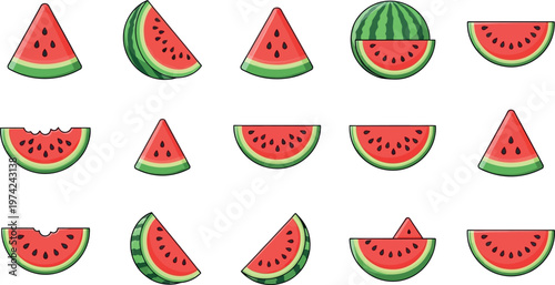 Various watermelon slices and whole on white background fruit food