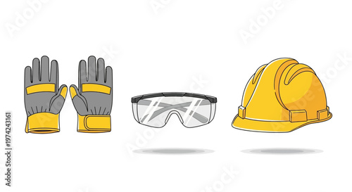 Industrial work gloves, safety glasses, and hard hat equipment