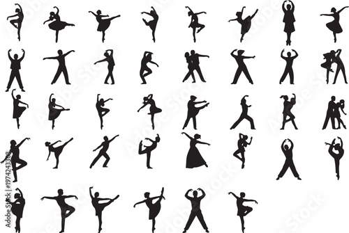 Collection of diverse dance poses in striking black silhouettes