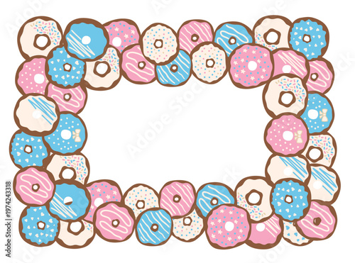 Vibrant confection treats arranged as decorative frame. Donut frame ideal for birthday, celebration and festive graphic design.