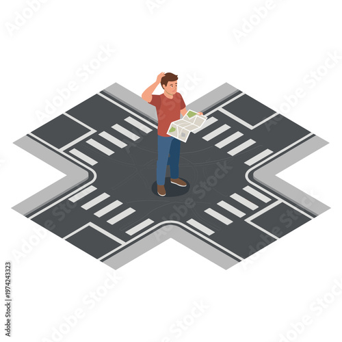 A man stands confused at a crossroads holding a map and talking on the phone.