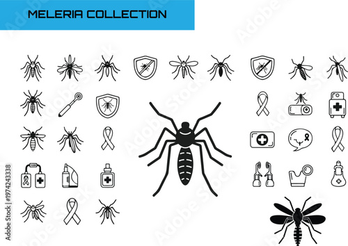 Mosquito and malaria awareness line and solid icons set