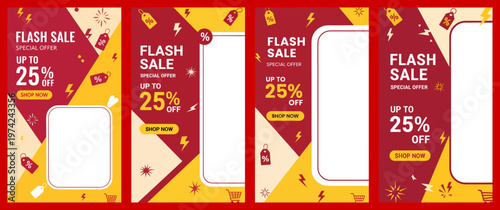 Discounted food sale posters are displayed on a vibrant background with flash sale signs