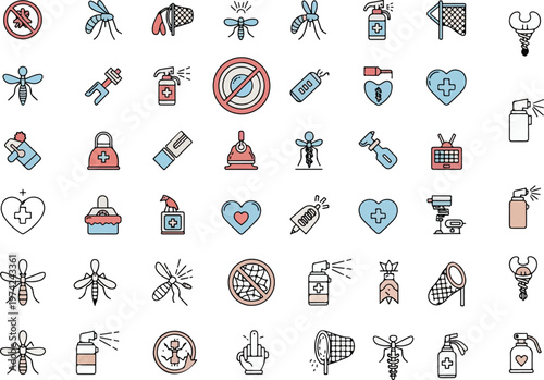 Detailed mosquito control and health care vector icon set