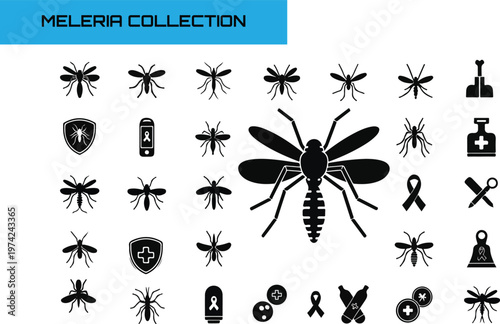 Mosquito and malaria prevention solid silhouette icons