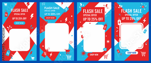 Vibrant flash sale banners with geometric patterns and discounts on offer displayed prominently