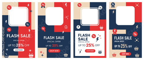 A flash sale advertisement template design with colorful graphics and discounts on various promotional materials