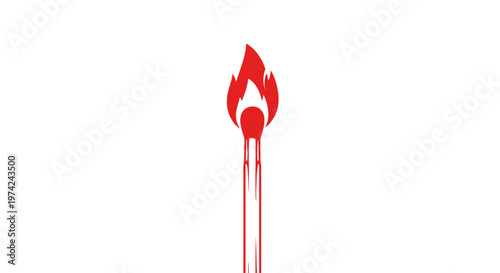 Minimalist red matchstick with burning flame and melting effect