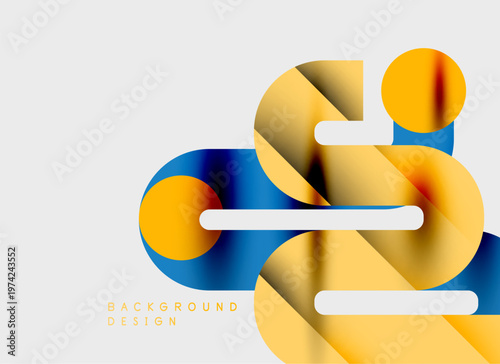Abstract design features flowing ribbons, vibrant colors. Yellow, blue gradients create dynamic visual effect. Minimalist background enhances shapes.