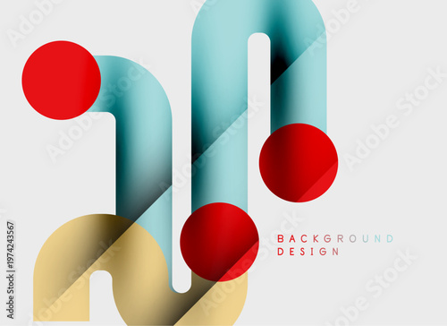 Abstract geometric shapes overlap. Red, blue, beige hues create modern visual effect. Minimalist design suitable for backgrounds.