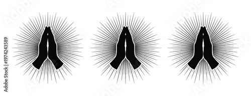 Religious praying hands silhouette vector set, spiritual prayer icons with divine light rays, black and white worship graphics for church design