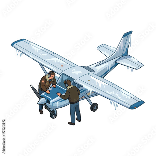 Two men inspect and prepare small airplane for flight in winter conditions
