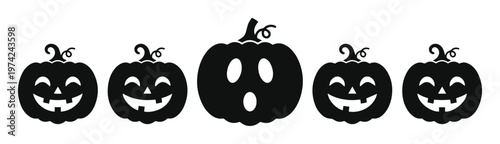 Halloween pumpkin silhouette border, black jack o lantern icons with spooky faces, set of 5 carved pumpkin vectors for autumn holiday decor