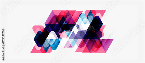 Abstract geometric shapes overlap, creating vibrant color blends. Pink, blue, purple hues dominate composition. Modern design element.