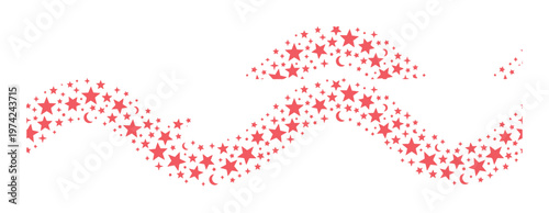 Sparkling pink star trail vector, magical stardust wave with celestial moon shapes, whimsical cosmic glitter path for festive celebration backgrounds